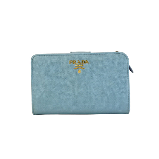 Prada Saffiano Metal Tab Blue Wallet GHW