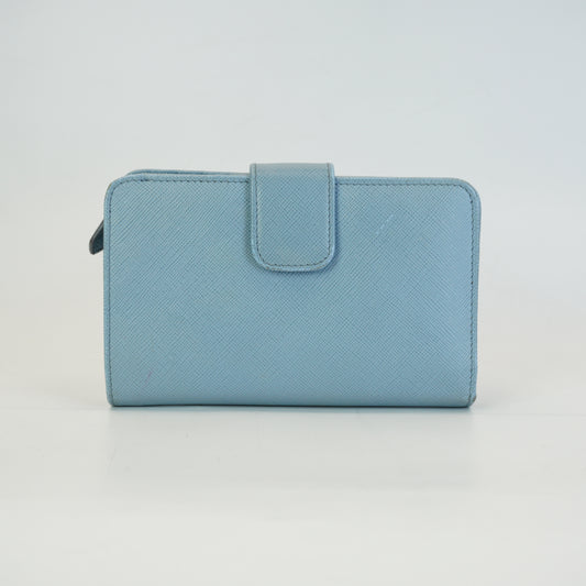 Prada Saffiano Metal Tab Blue Wallet GHW