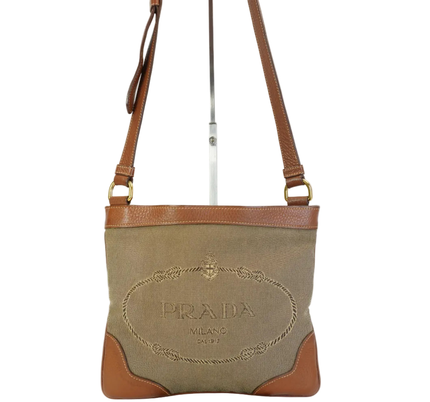 Prada Logo Jacquard Canvas Shoulder Bag Brown Medium GHW