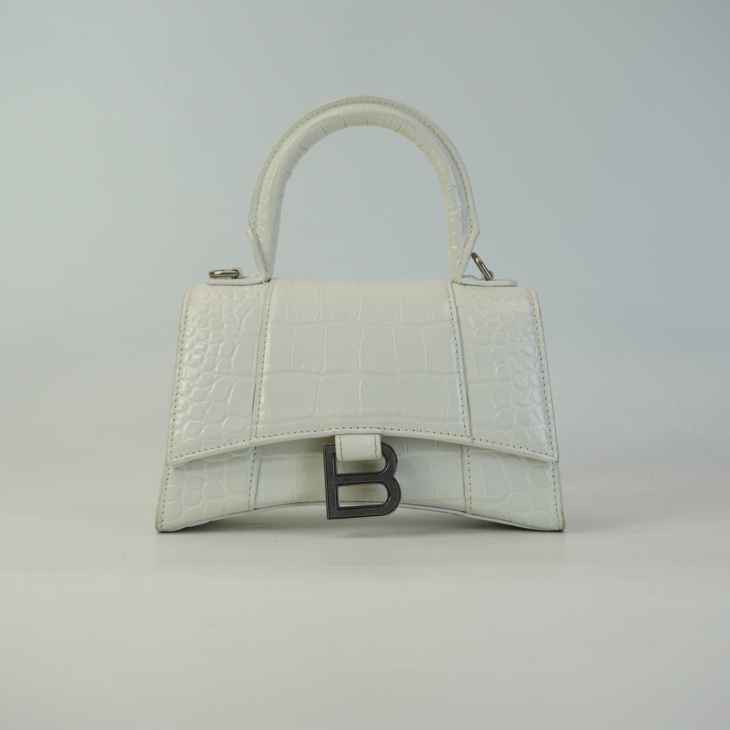 Balenciaga Hourglass Bag White Top Handle Crocodile Embossed Mini SHW