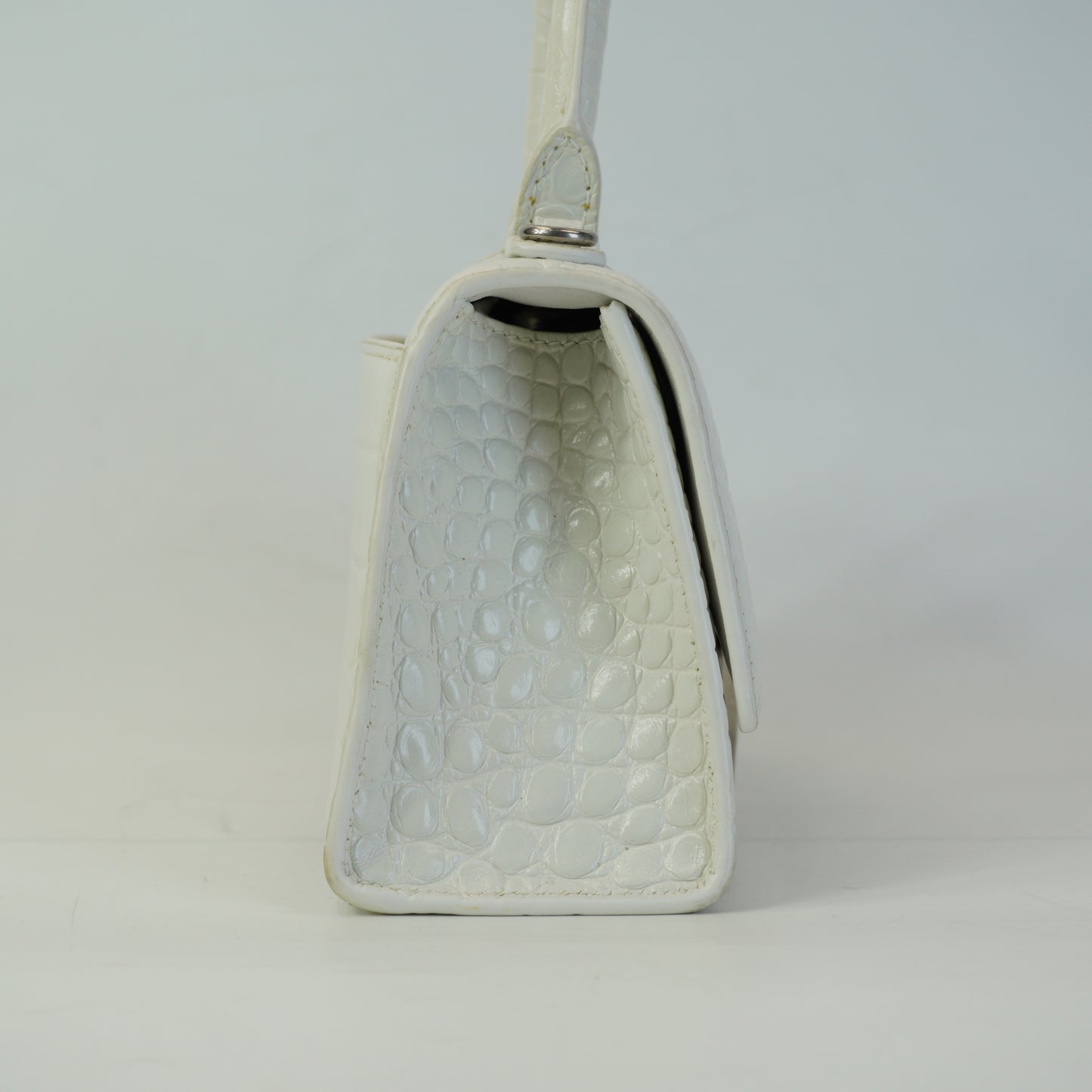 Balenciaga Hourglass Bag White Top Handle Crocodile Embossed Mini SHW