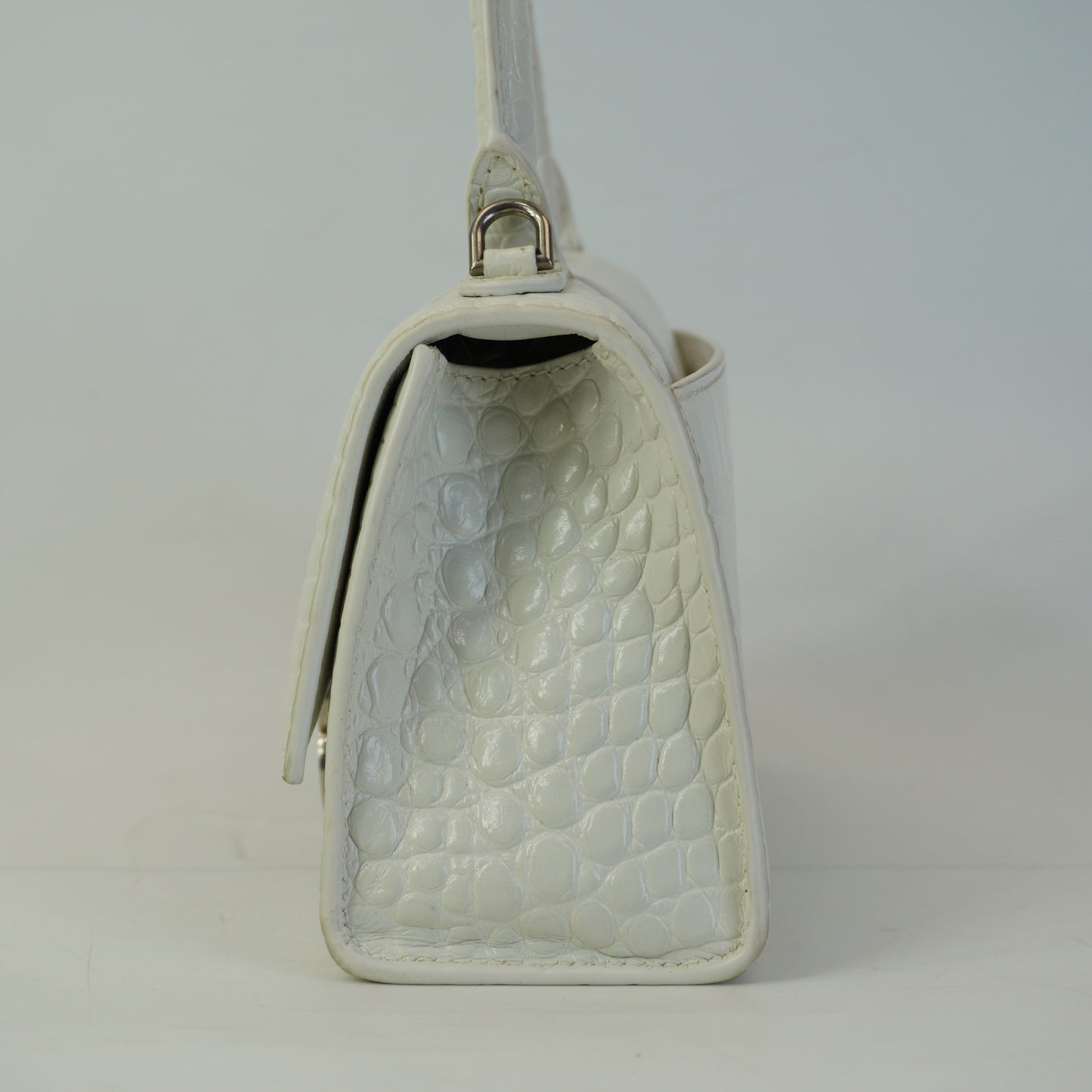 Balenciaga Hourglass Bag White Top Handle Crocodile Embossed Mini SHW