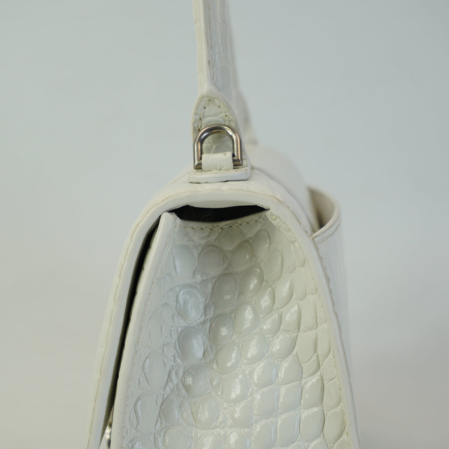 Balenciaga Hourglass Bag White Top Handle Crocodile Embossed Mini SHW