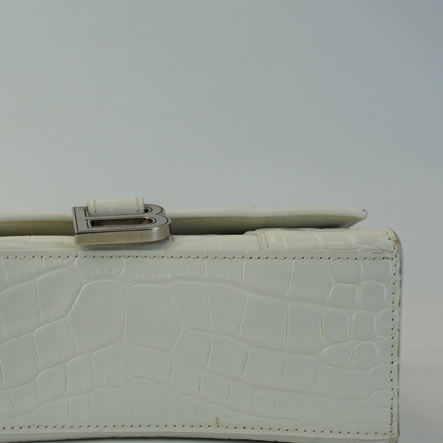 Balenciaga Hourglass Bag White Top Handle Crocodile Embossed Mini SHW