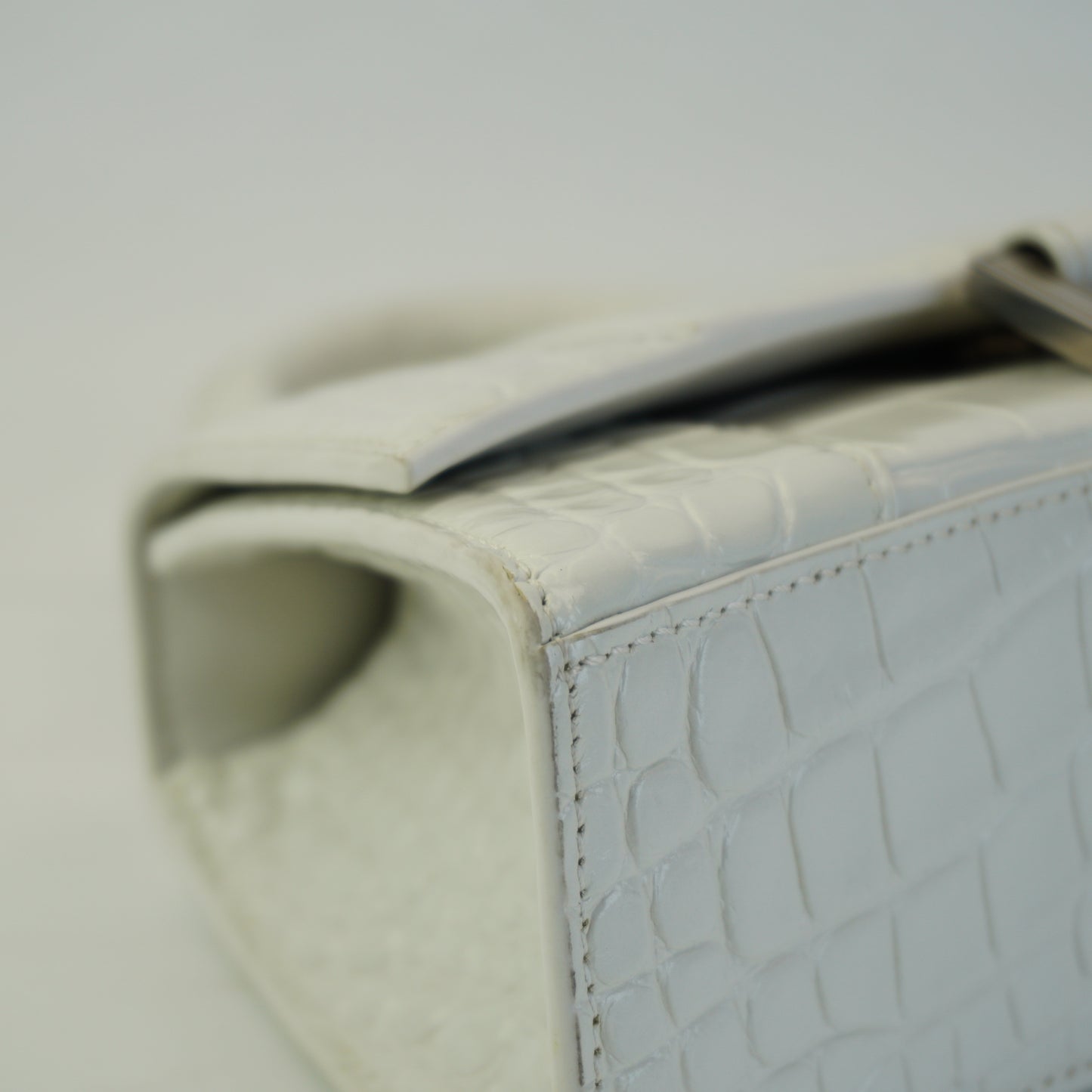 Balenciaga Hourglass Bag White Top Handle Crocodile Embossed Mini SHW