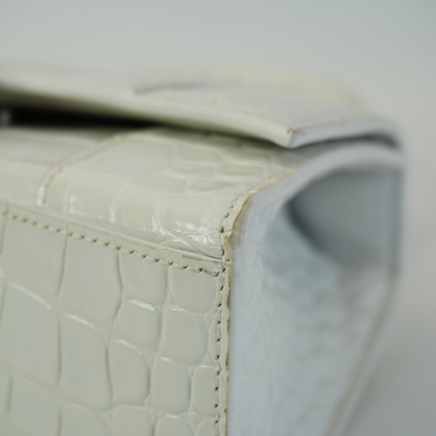 Balenciaga Hourglass Bag White Top Handle Crocodile Embossed Mini SHW