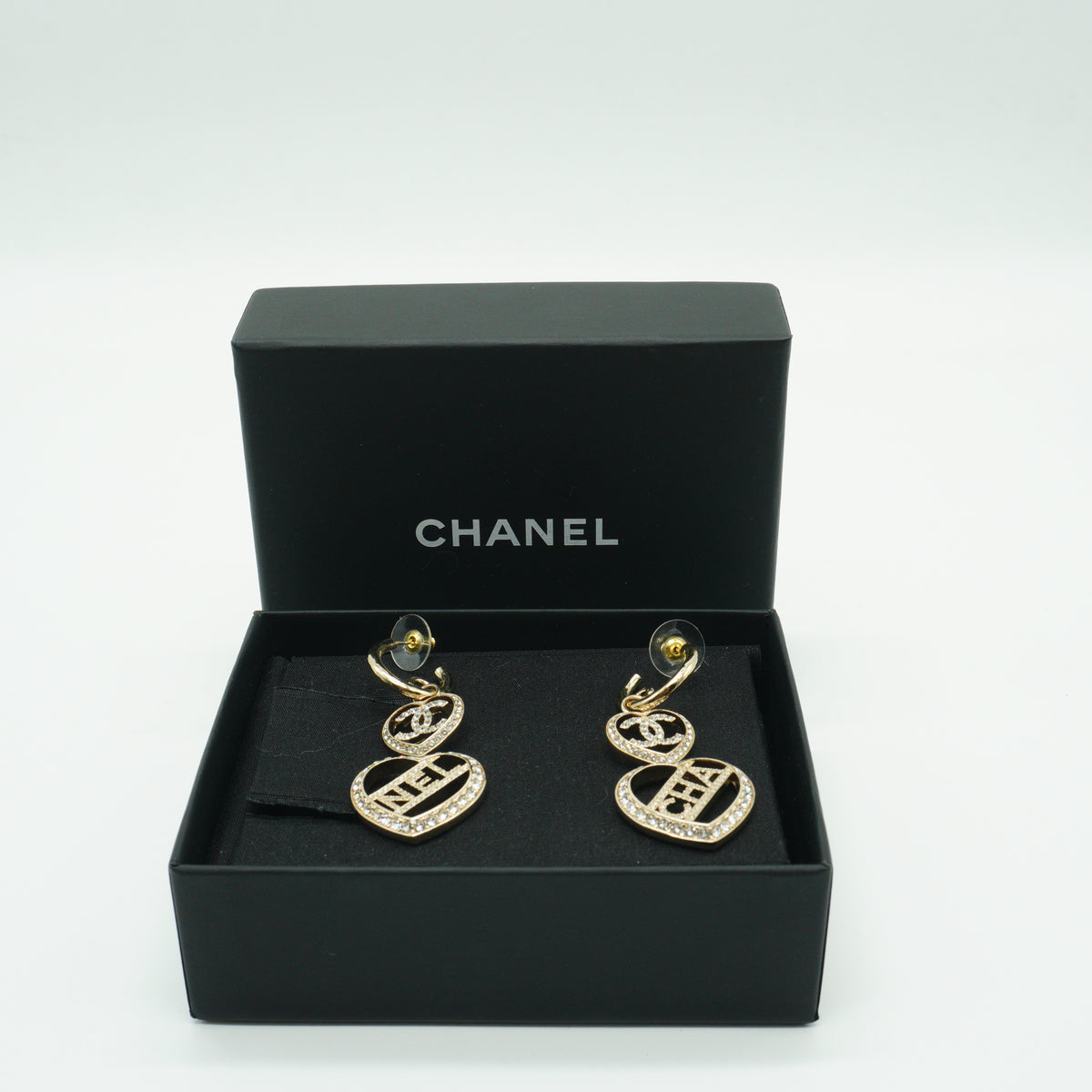 Chanel Strass CC Heart Pendant Drop Earrings