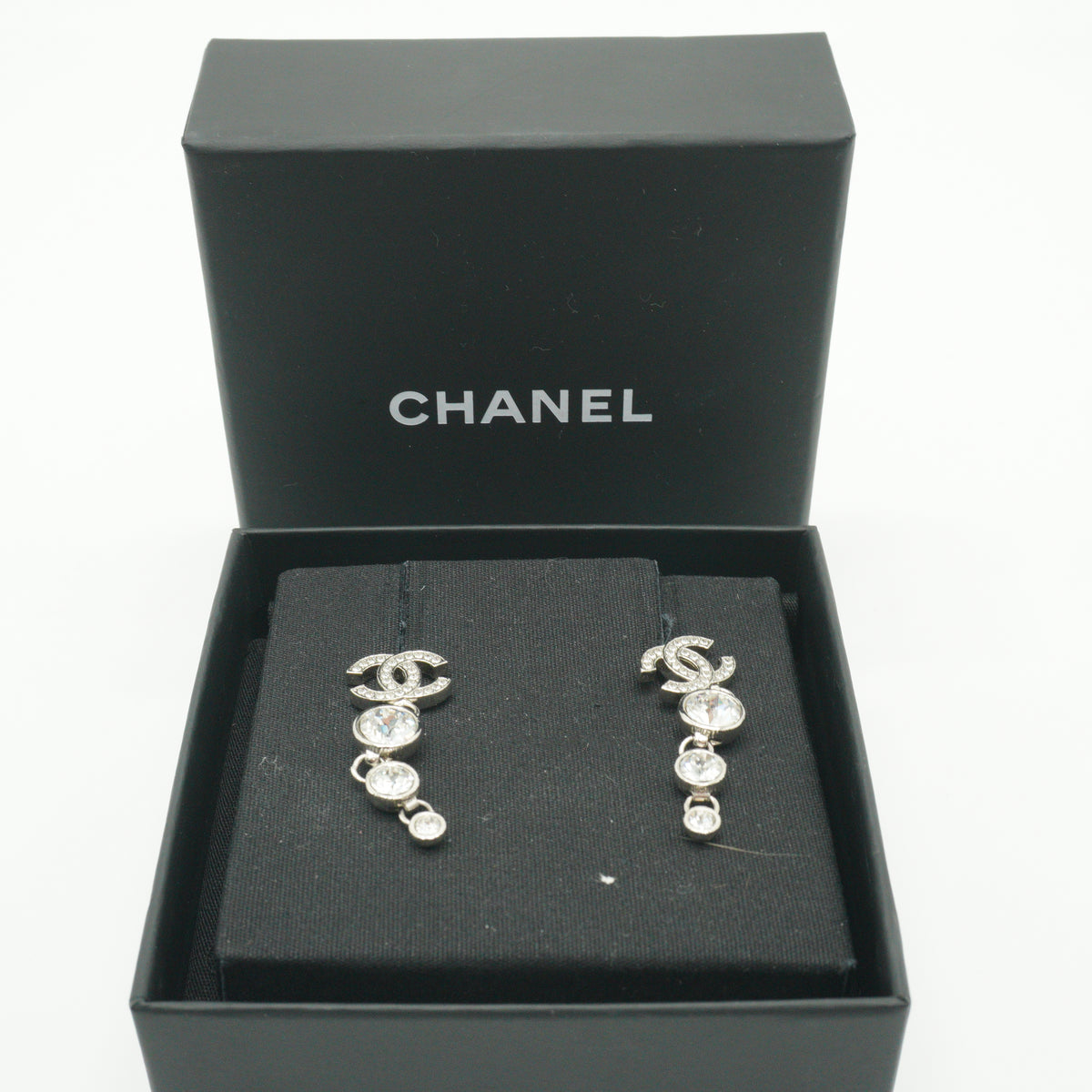 Chanel Silver Strass and Crystal CC Long Dangle Earrings
