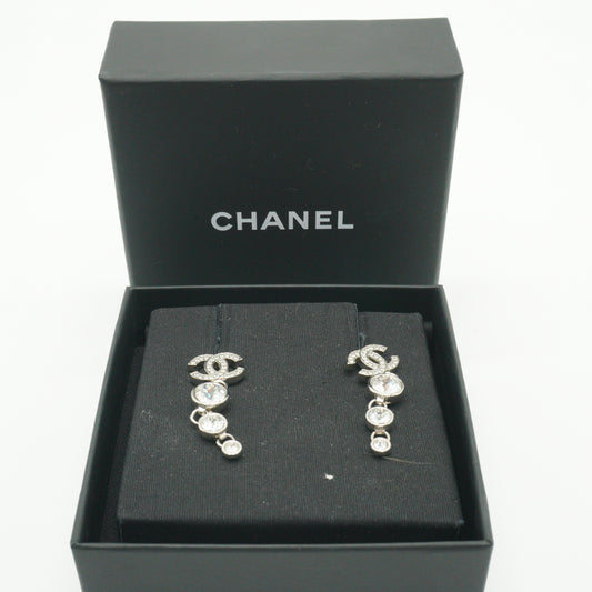 Chanel Silver Strass and Crystal CC Long Dangle Earrings