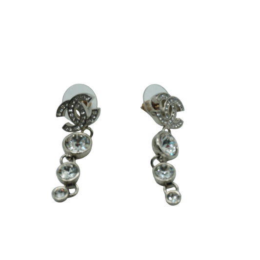 Chanel Silver Strass and Crystal CC Long Dangle Earrings
