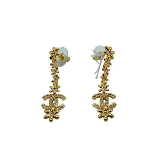Chanel Gold Floral Crystal CC Drop Earrings