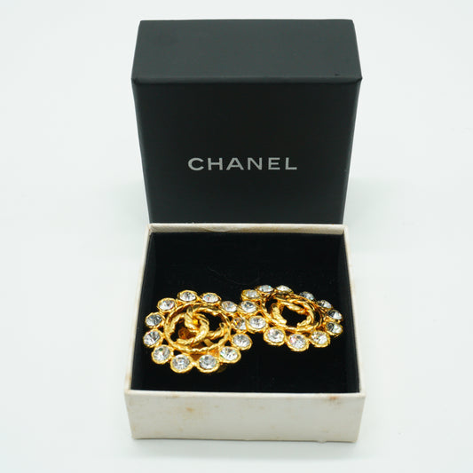 Chanel	Vintage CC Rhinestone Flower Button Clip-On Earrings