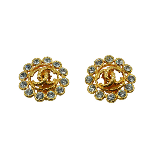 Chanel	Vintage CC Rhinestone Flower Button Clip-On Earrings
