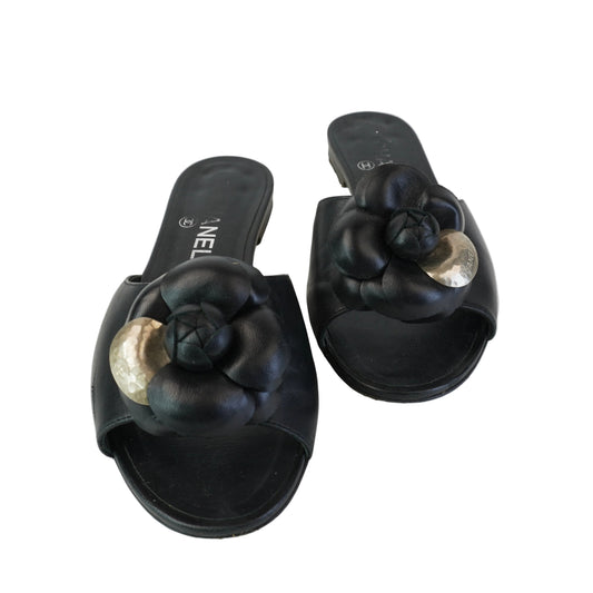 Chanel Camellia Slide Flat Sandals Size 37.5