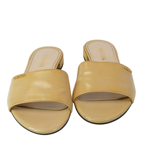 Prada Saffiano Patent Leather Slides Beige 37