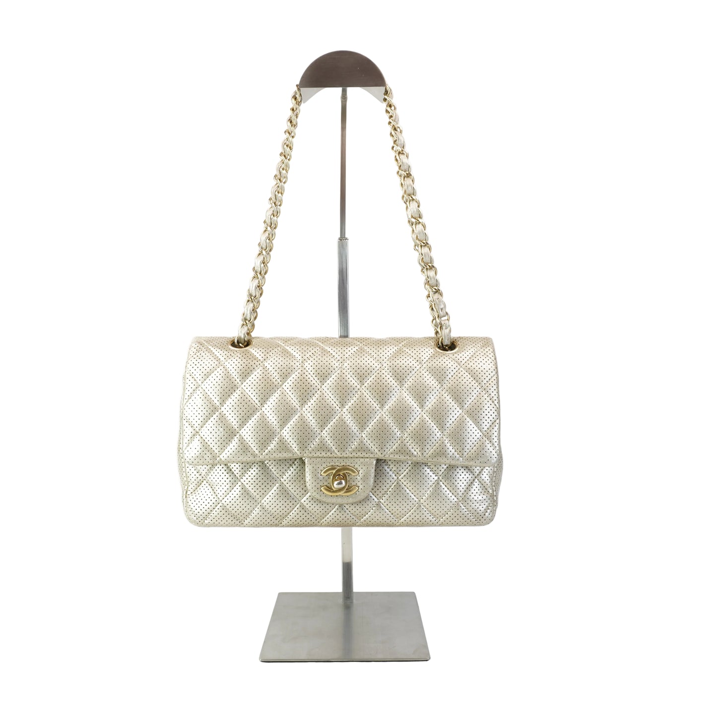 Chanel Classic Double Flap Champagne Gold Metallic Perforated Lambskin Gold Tone Jumbo