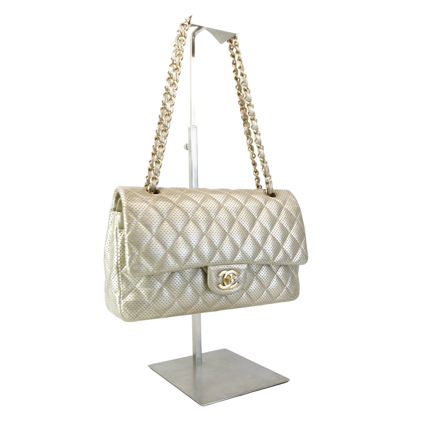Chanel Classic Double Flap Champagne Gold Metallic Perforated Lambskin Gold Tone Jumbo