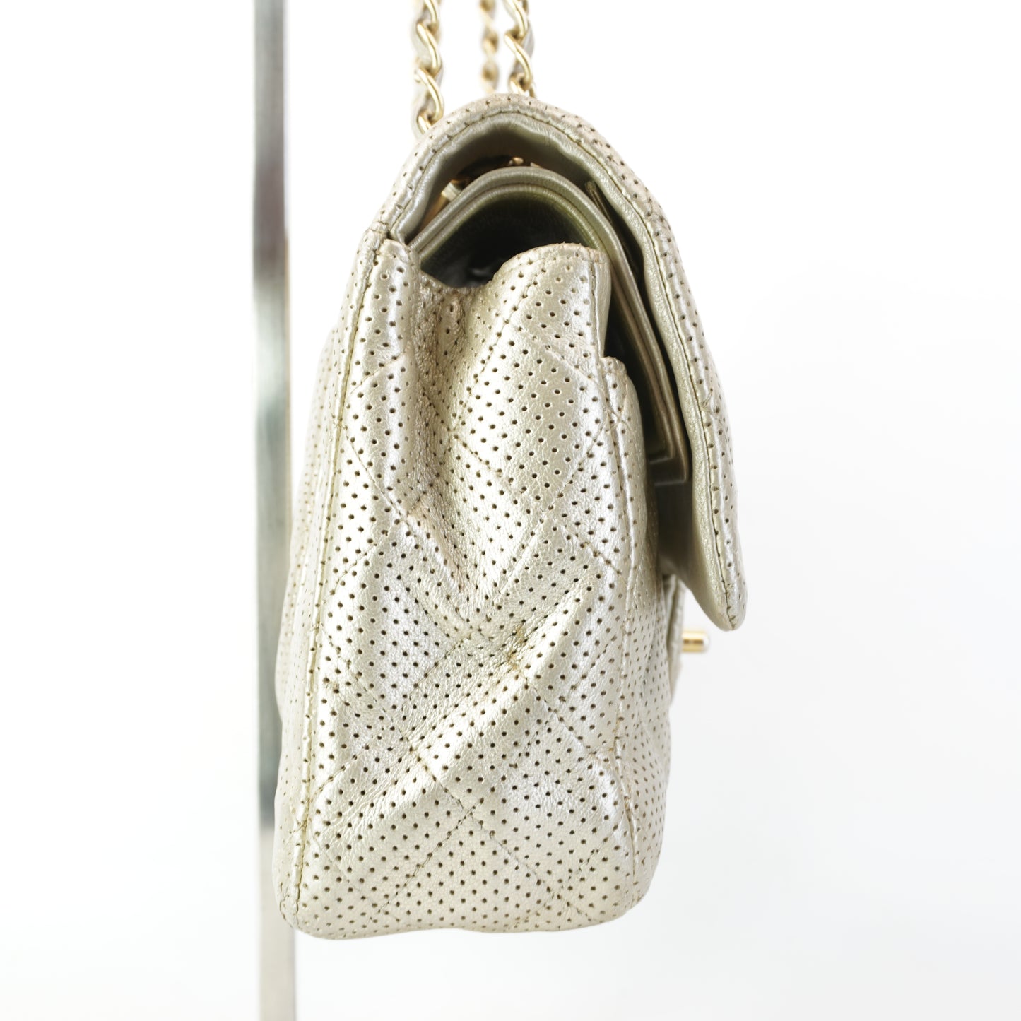 Chanel Classic Double Flap Champagne Gold Metallic Perforated Lambskin Gold Tone Jumbo