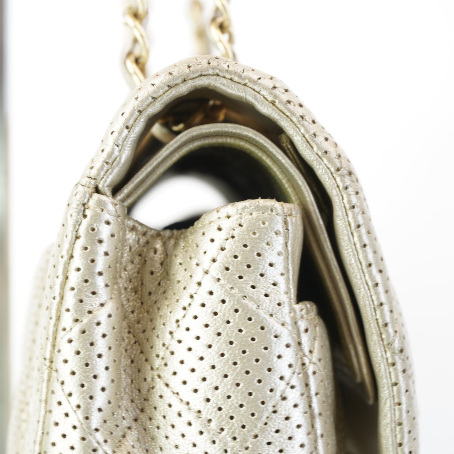 Chanel Classic Double Flap Champagne Gold Metallic Perforated Lambskin Gold Tone Jumbo