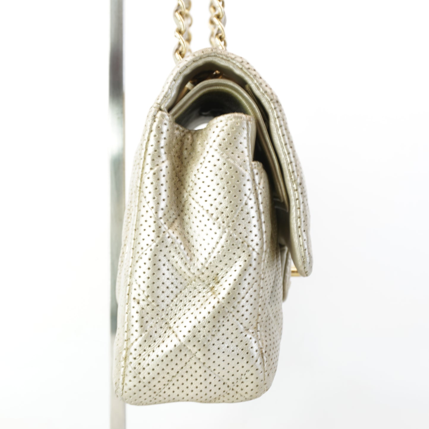 Chanel Classic Double Flap Champagne Gold Metallic Perforated Lambskin Gold Tone Jumbo