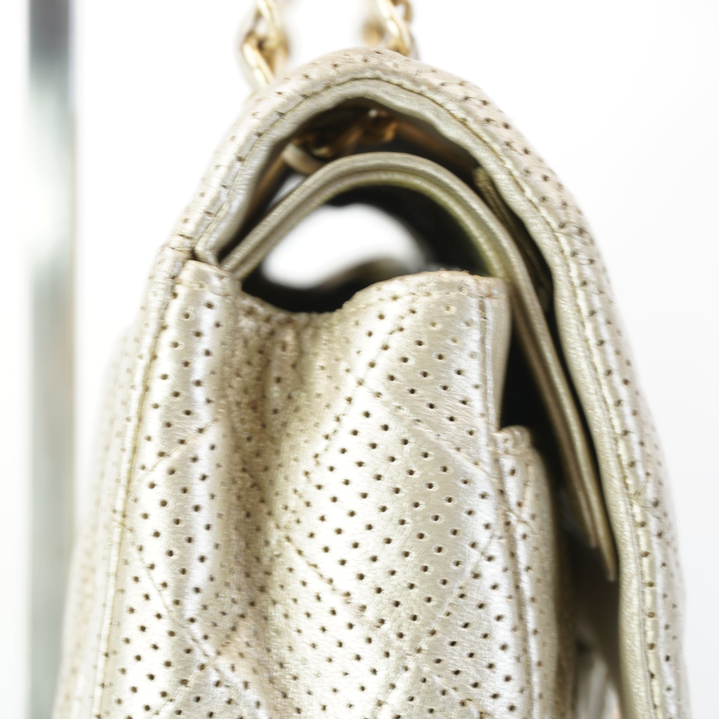 Chanel Classic Double Flap Champagne Gold Metallic Perforated Lambskin Gold Tone Jumbo