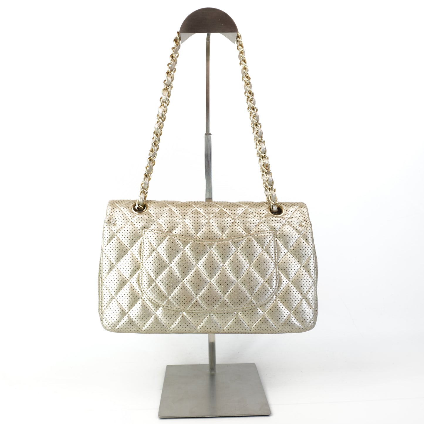 Chanel Classic Double Flap Champagne Gold Metallic Perforated Lambskin Gold Tone Jumbo