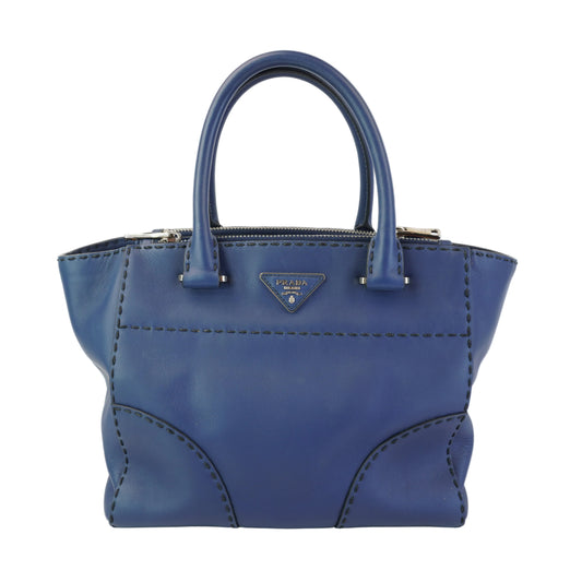 Prada Blue City Calf Stitched Twin Tote Pocket
