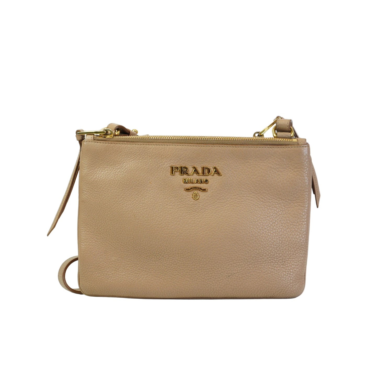 Prada	Vitello Daino Double Zip Crossbody Bag Beige SMall GHW