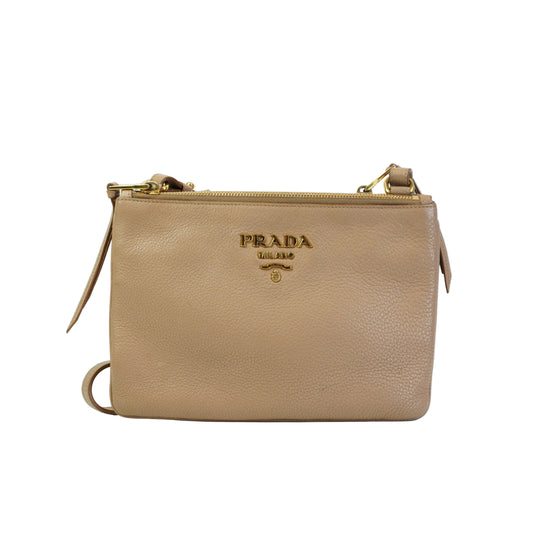 Prada	Vitello Daino Double Zip Crossbody Bag Beige SMall GHW