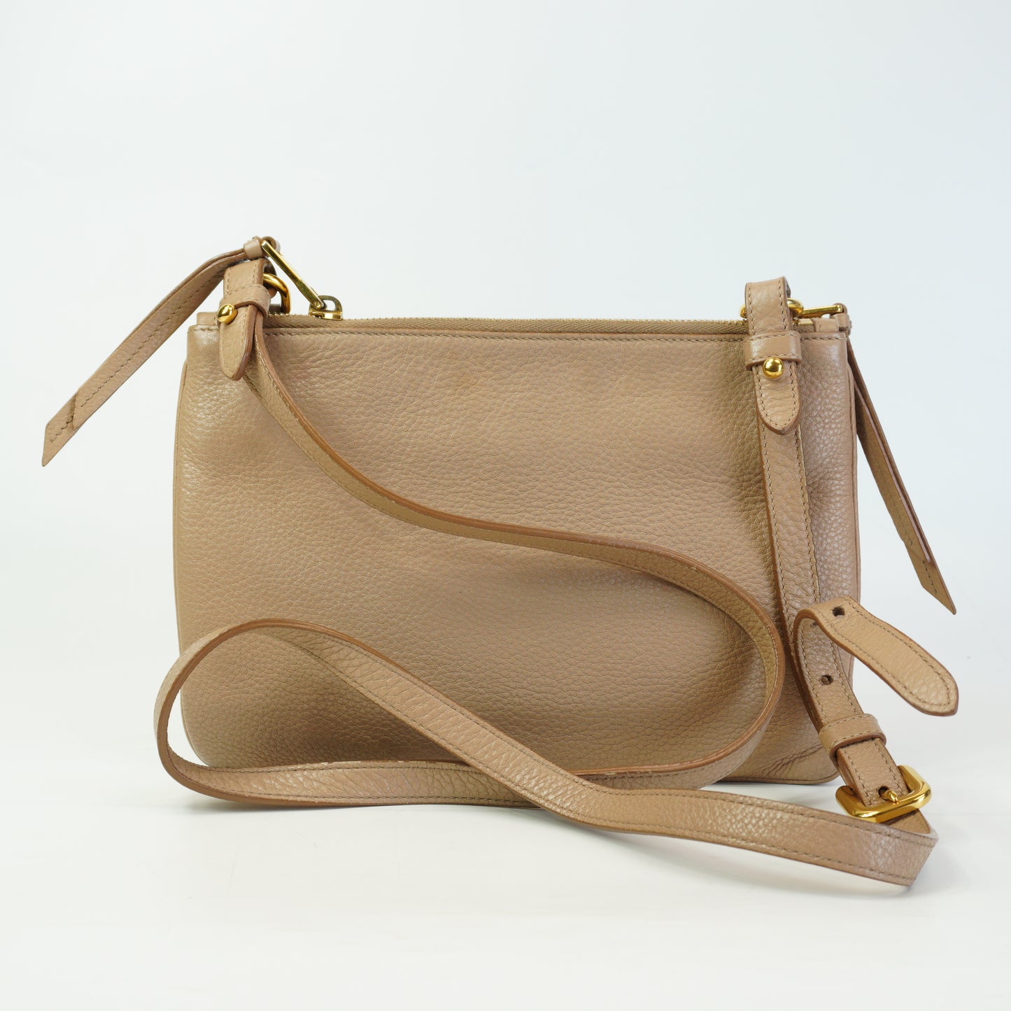 Prada	Vitello Daino Double Zip Crossbody Bag Beige SMall GHW
