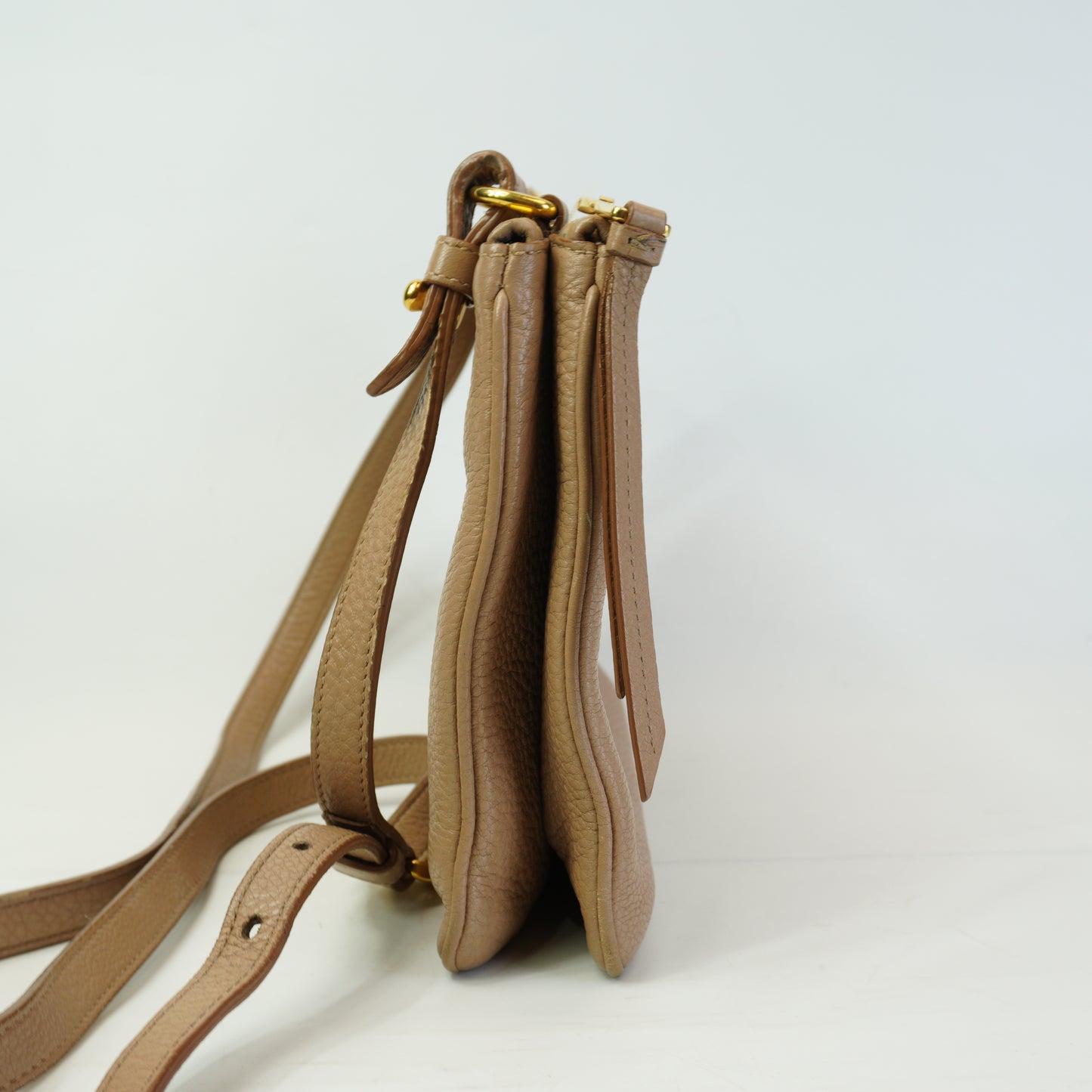 Prada	Vitello Daino Double Zip Crossbody Bag Beige SMall GHW