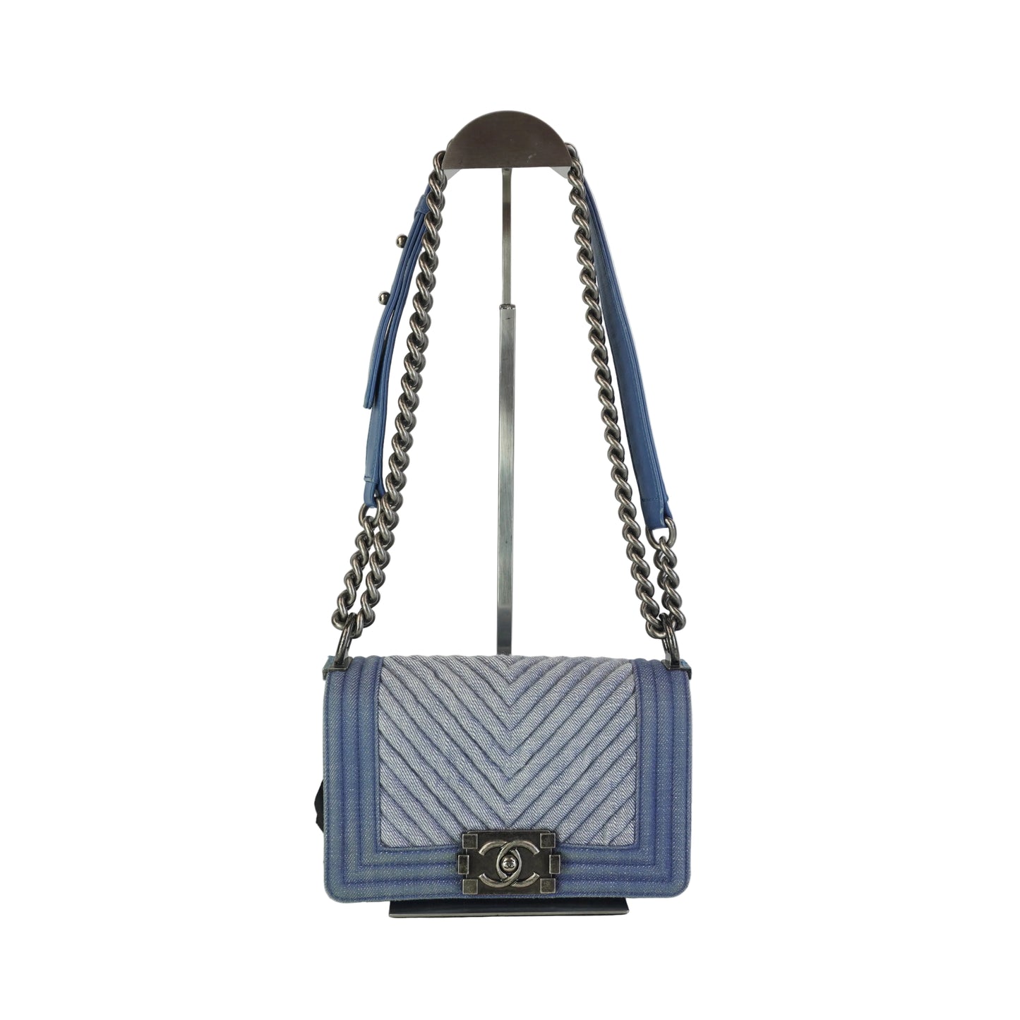 Chanel Boy Flap Chevron Quilted Denim SHW Small