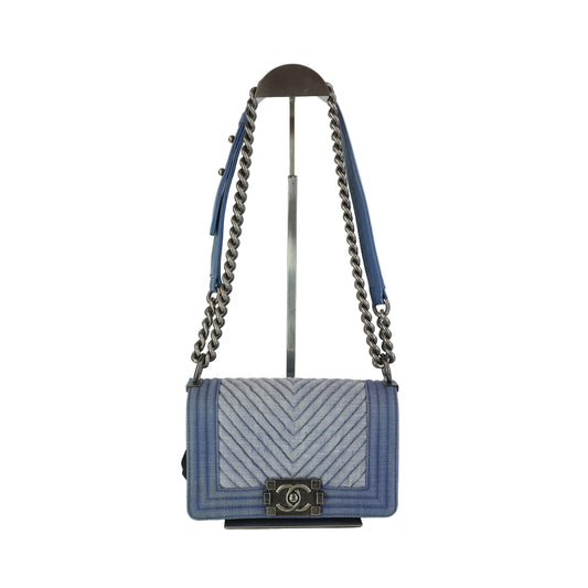 Chanel Boy Flap Chevron Quilted Denim SHW Small