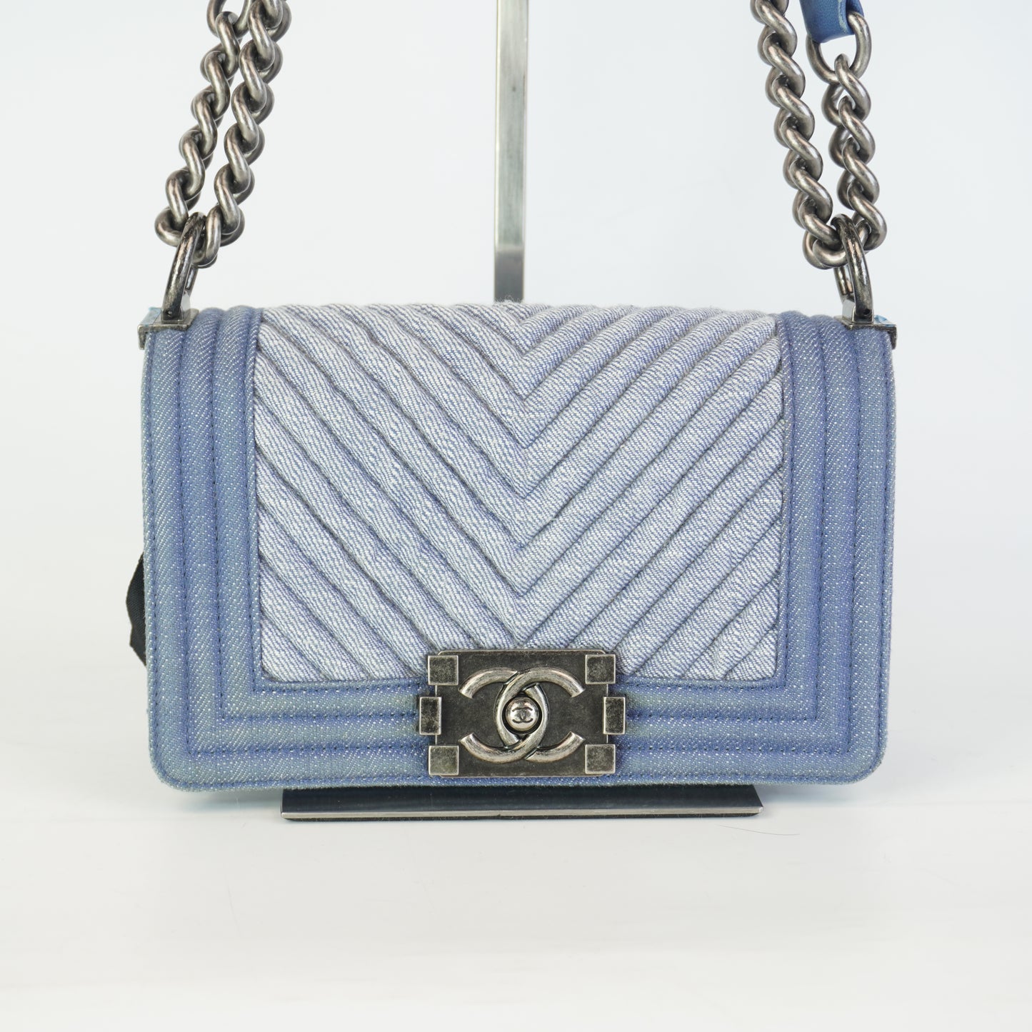Chanel Boy Flap Chevron Quilted Denim SHW Small