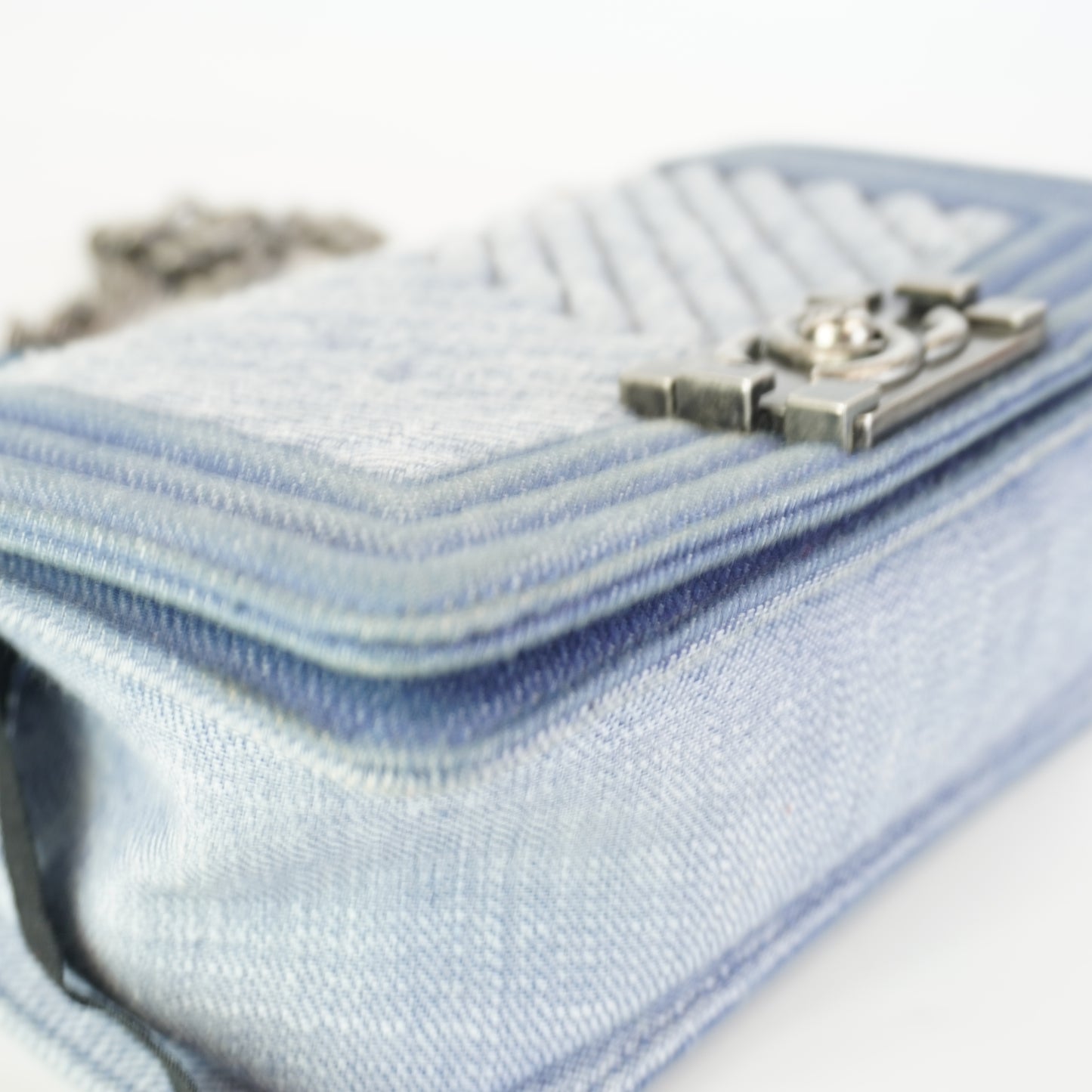 Chanel Boy Flap Chevron Quilted Denim SHW Small