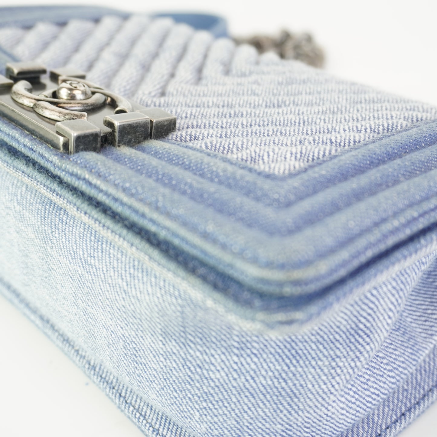 Chanel Boy Flap Chevron Quilted Denim SHW Small