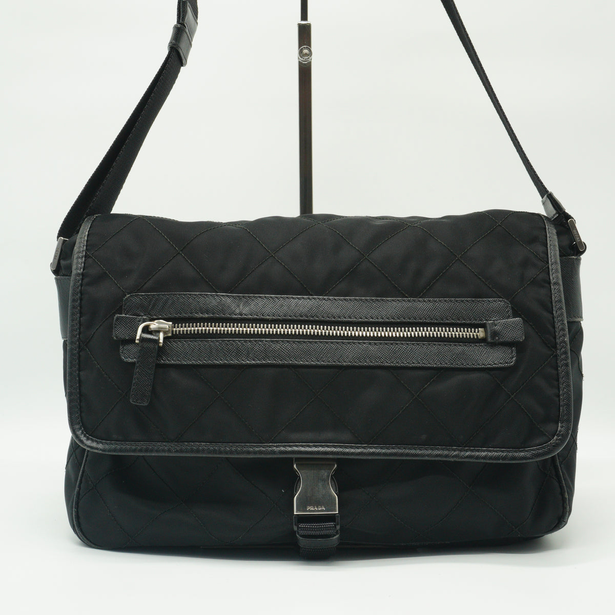 Prada Quilted Tessuto Nylon Messenger Bag Black Medium SHW
