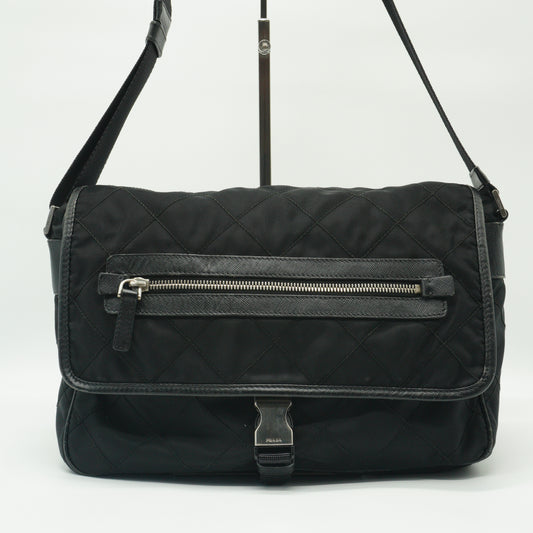 Prada Quilted Tessuto Nylon Messenger Bag Black Medium SHW