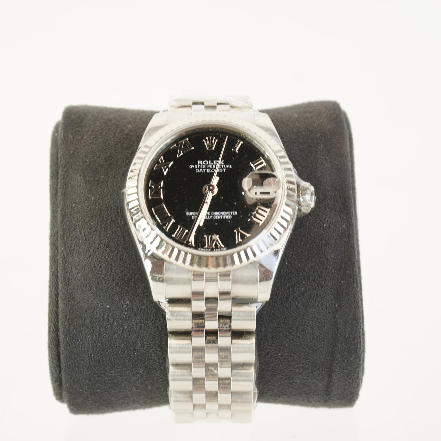 BLACK DIAL ROMAN STEEL CONTINUOUS BRACELET. S/N: G401432 #178274, CARD CERTIFICATE BOX
