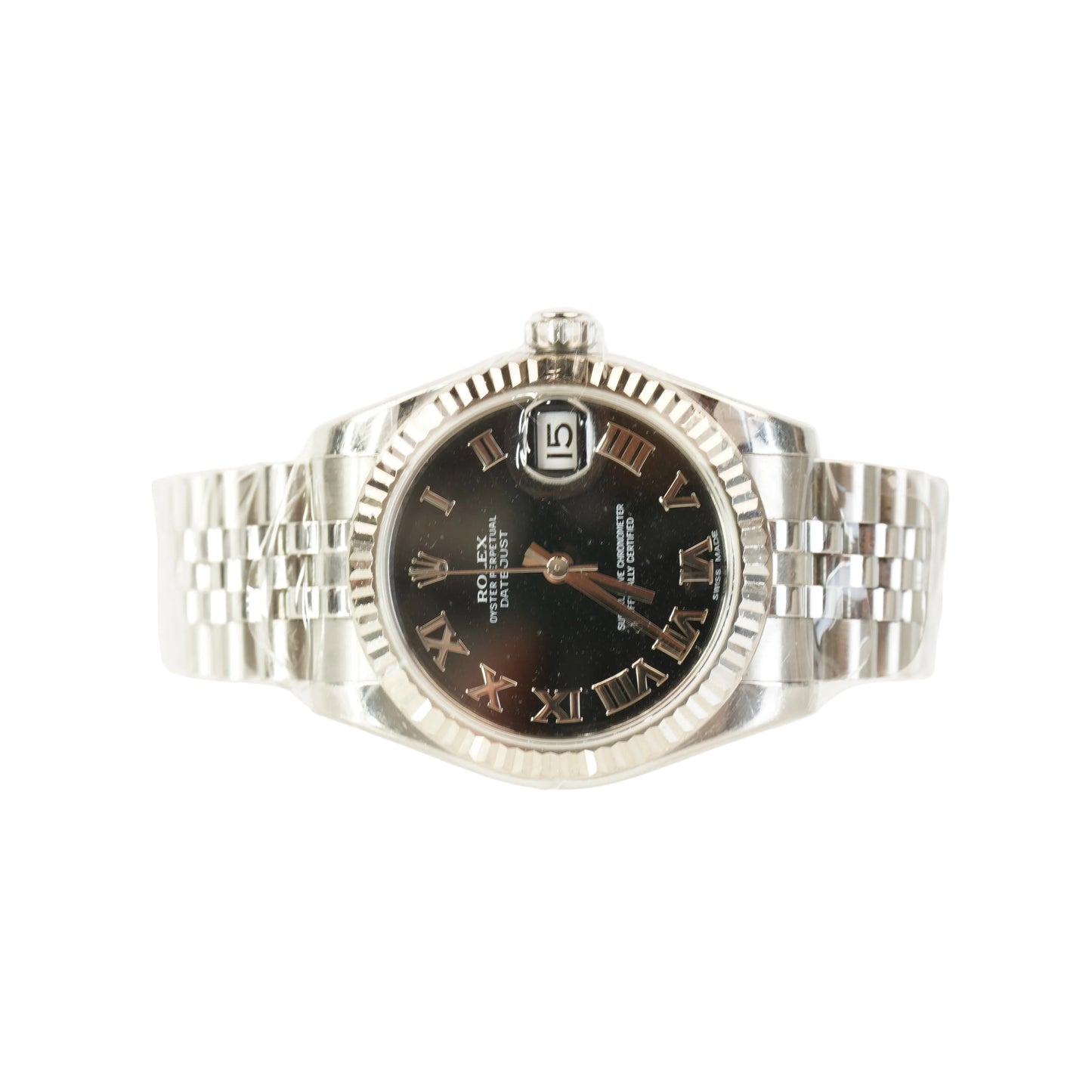 BLACK DIAL ROMAN STEEL CONTINUOUS BRACELET. S/N: G401432 #178274, CARD CERTIFICATE BOX