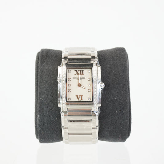 PATEK '24 WHITE DIAL W/ DIAMONDS ALL STEEL BRACELET REF: 4910/1A-011 / 3596143/4857533 CERTIFICATE, BOX