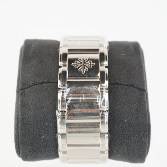 PATEK '24 WHITE DIAL W/ DIAMONDS ALL STEEL BRACELET REF: 4910/1A-011 / 3596143/4857533 CERTIFICATE, BOX