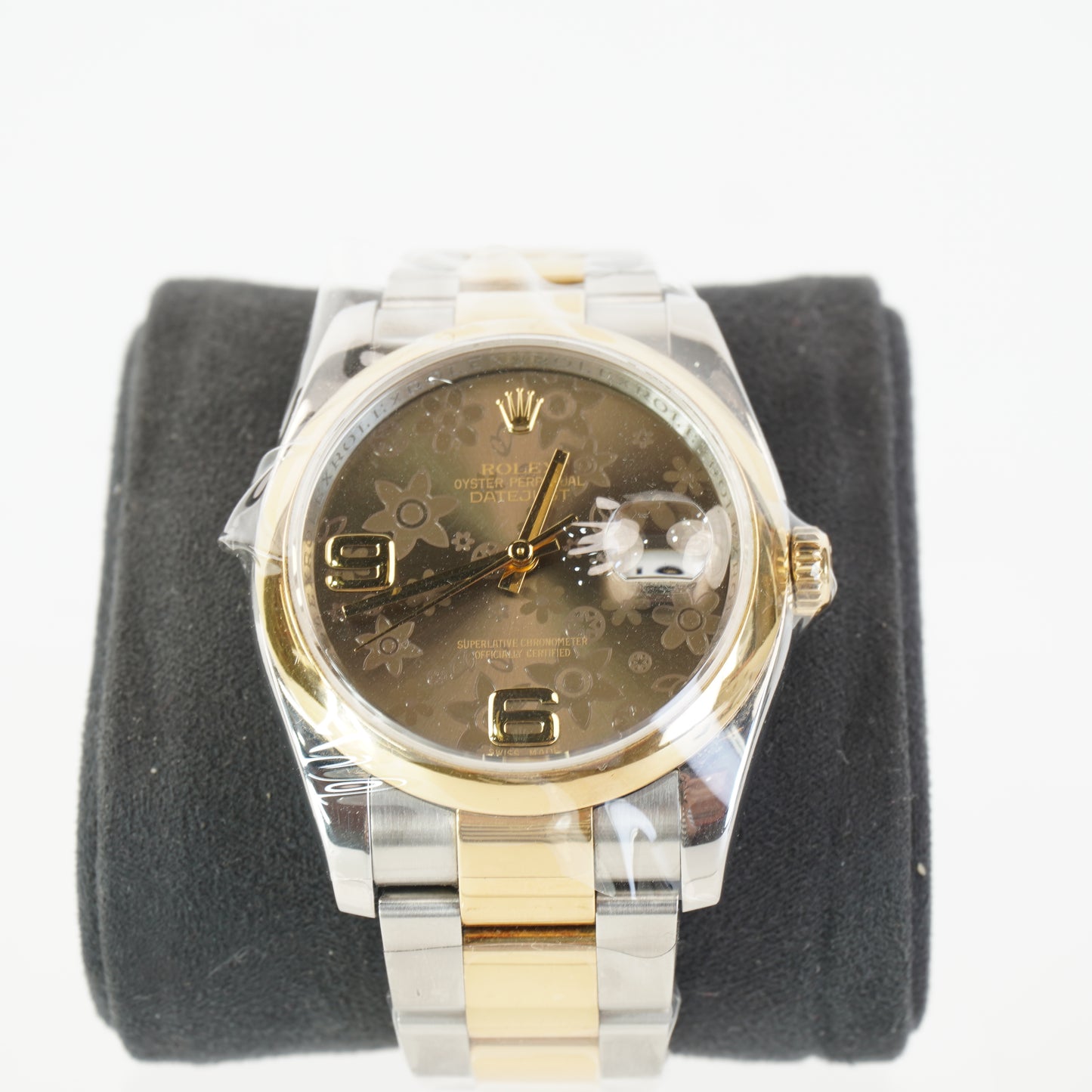 DATEJUST 36 CHOCO BRONZE FLORAL MOTIF ARABIC MARKERS AT 6&9 DOME BEZEL 2TONE OYSTER BRACELET YG/STEEL S/N: G328376 #116203, CERTIFICATE, BOX
