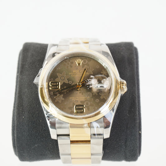 DATEJUST 36 CHOCO BRONZE FLORAL MOTIF ARABIC MARKERS AT 6&9 DOME BEZEL 2TONE OYSTER BRACELET YG/STEEL S/N: G328376 #116203, CERTIFICATE, BOX