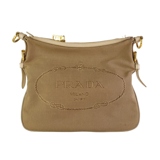 Prada Logo Jacquard Crossbody Beige