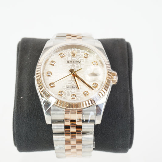 DJ 36 SILVER COMPUTER DIAL W/ DIAMONDS CONTINUOUS TWOTONE RG/STEEL S/N: D413595 #116231, CERTIFICATE, BOX