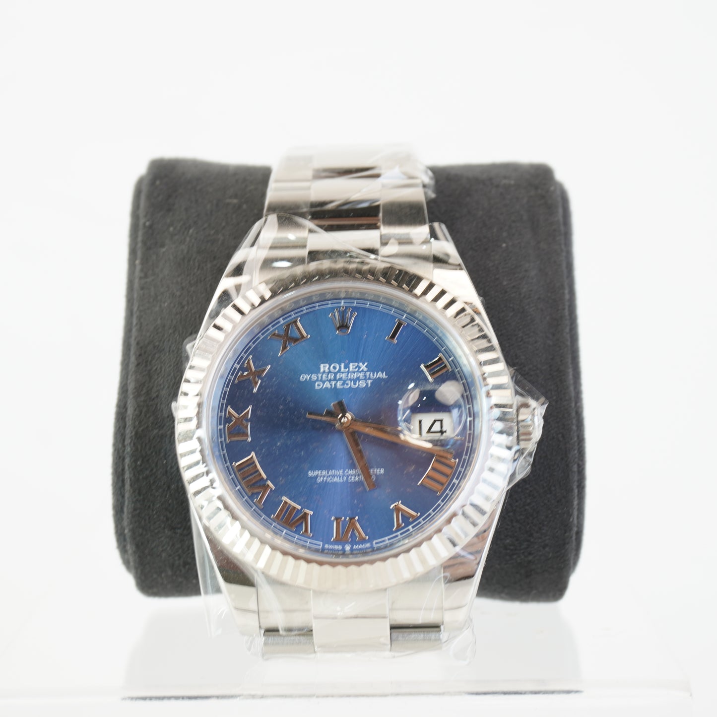 DATEJUST 41MM BLUE ROMAN FLUTED BEZEL STAINLESS STEEL OYSTER BRACELET WITH REHAUT S/N: 3YX62722 #126334 CARD CERTIFICATE, BOX