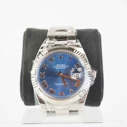 DATEJUST 41MM BLUE ROMAN FLUTED BEZEL STAINLESS STEEL OYSTER BRACELET WITH REHAUT S/N: 3YX62722 #126334 CARD CERTIFICATE, BOX