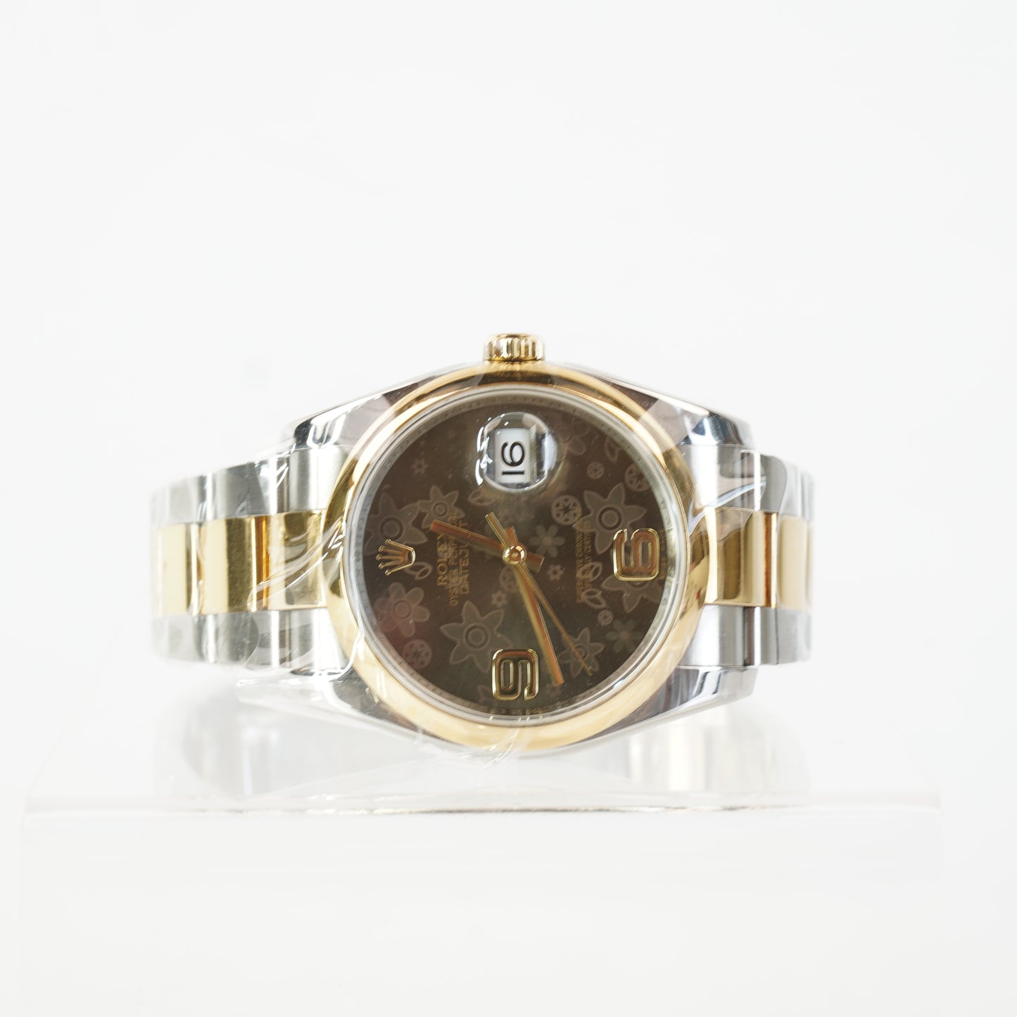 DATEJUST 36 CHOCO BRONZE FLORAL MOTIF ARABIC MARKERS AT 6&9 DOME BEZEL 2TONE OYSTER BRACELET YG/STEEL S/N: G328376 #116203, CERTIFICATE, BOX