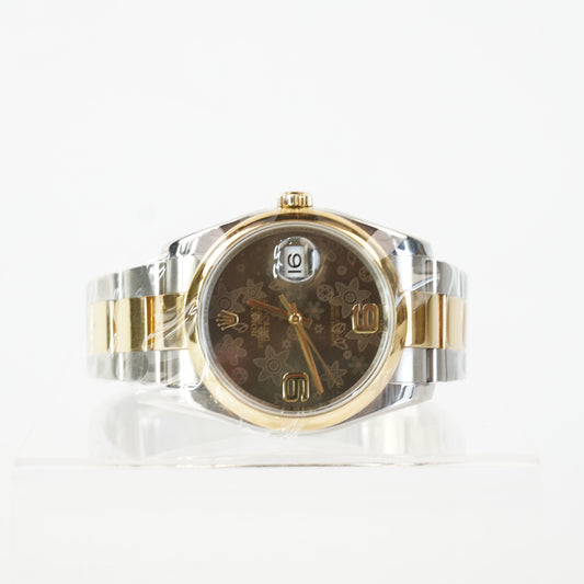 DATEJUST 36 CHOCO BRONZE FLORAL MOTIF ARABIC MARKERS AT 6&9 DOME BEZEL 2TONE OYSTER BRACELET YG/STEEL S/N: G328376 #116203, CERTIFICATE, BOX